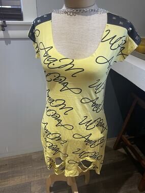 Bodycon Sunny Yellow Distressed Choker Chain Neck Studded Shoulder Tunic Grunge